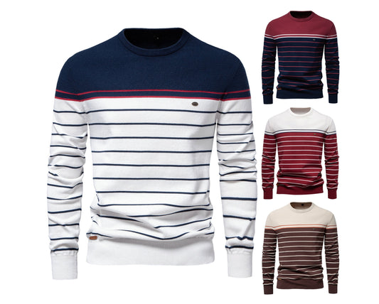 Men’s Striped Patchwork Knit Sweater – Crew Neck Casual Pullover for Autumn/Winter | SW117