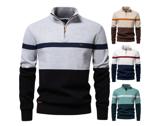 Men’s Half-Zip Stand Collar Knit Sweater – Colorblock Casual Pullover | SW135