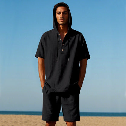Men’s Summer Linen Hooded Shirt & Shorts Set Lightweight Casual Beachwear Set | CW15