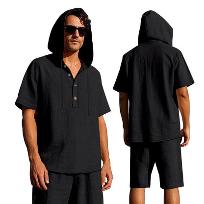 Men’s Summer Linen Hooded Shirt & Shorts Set Lightweight Casual Beachwear Set | CW15