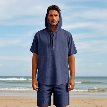 Men’s Summer Linen Hooded Shirt & Shorts Set Lightweight Casual Beachwear Set | CW15
