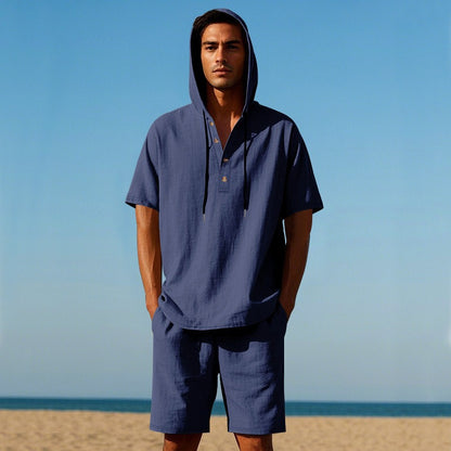 Men’s Summer Linen Hooded Shirt & Shorts Set Lightweight Casual Beachwear Set | CW15