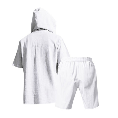 Men’s Summer Linen Hooded Shirt & Shorts Set Lightweight Casual Beachwear Set | CW15