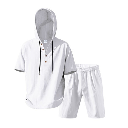 Men’s Summer Linen Hooded Shirt & Shorts Set Lightweight Casual Beachwear Set | CW15