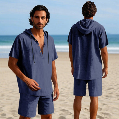 Men’s Summer Linen Hooded Shirt & Shorts Set Lightweight Casual Beachwear Set | CW15