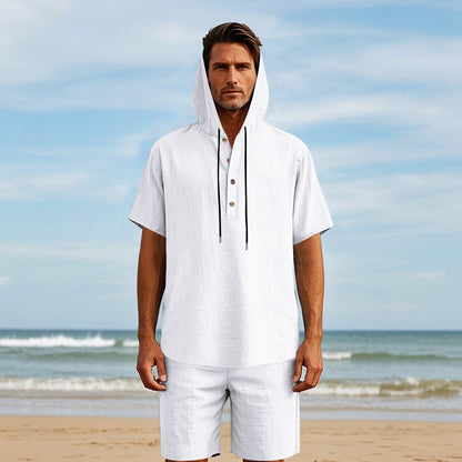 Men’s Summer Linen Hooded Shirt & Shorts Set Lightweight Casual Beachwear Set | CW15