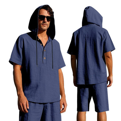 Men’s Summer Linen Hooded Shirt & Shorts Set Lightweight Casual Beachwear Set | CW15