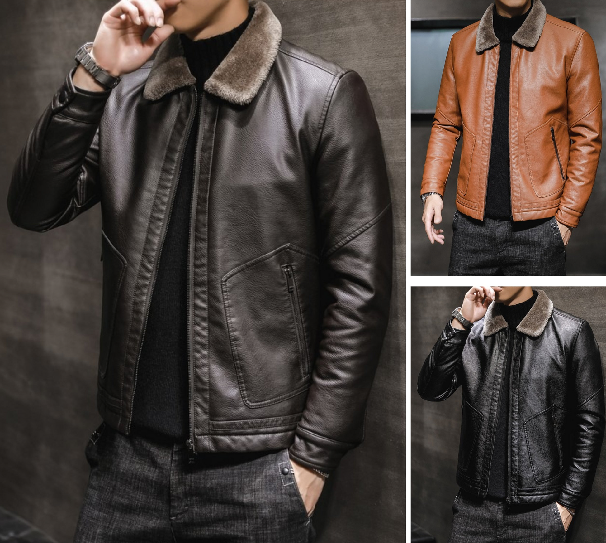 Men s PU Leather Jacket Coats High Quality Business Fur Collar Leather Bomber Warm Jacket 2053