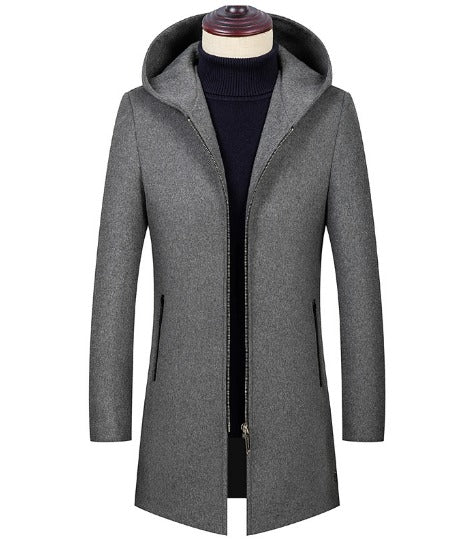 Men's Premium End Wool Blend Trench Coat Zip Closure Hooded Mid Long Overcoat | B518
