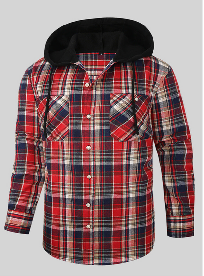 Men Premium Loose Fit Casual Flannel Long Sleeve Hooded Plaid Checkere Gear Outlet