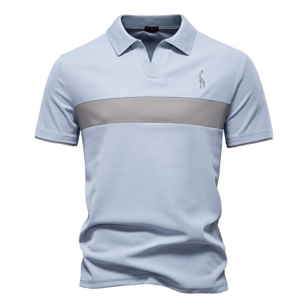 Men's Embroidered Deer Contrast V-Neck Polo Shirt - 2025 Summer Slim-Fit Casual Top | PL7002