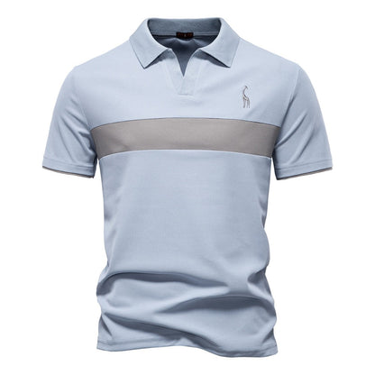 Men's Embroidered Deer Contrast V-Neck Polo Shirt - 2025 Summer Slim-Fit Casual Top | PL7002