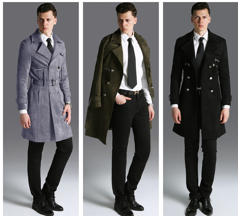 Men's Long Faux Suede Trench Coats Belted Lapel Jacket Work Double-Breasted Overcoats | 1115