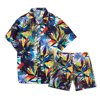 Men's Short Sleeve Coconut Tree Print 2 Pieces Outfit Set Short & Buttons Shirts | ST01