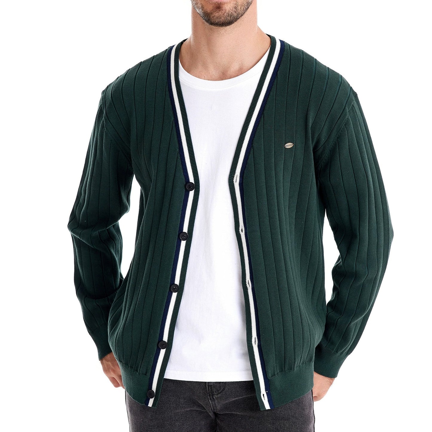 Men’s V-Neck Color-Trim Knit Cardigan – Casual Loose-Fit Buttoned Sweater for Autumn | SW199
