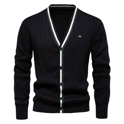 Men’s V-Neck Color-Trim Knit Cardigan – Casual Loose-Fit Buttoned Sweater for Autumn | SW199
