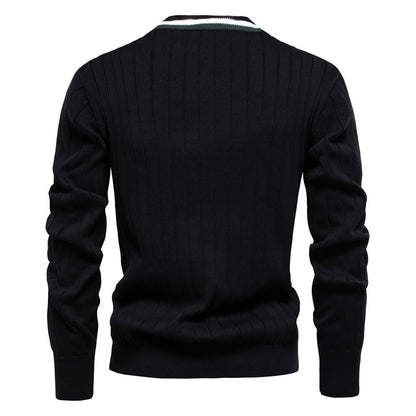 Men’s V-Neck Color-Trim Knit Cardigan – Casual Loose-Fit Buttoned Sweater for Autumn | SW199