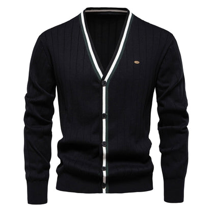 Men’s V-Neck Color-Trim Knit Cardigan – Casual Loose-Fit Buttoned Sweater for Autumn | SW199