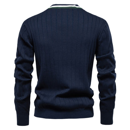 Men’s V-Neck Color-Trim Knit Cardigan – Casual Loose-Fit Buttoned Sweater for Autumn | SW199