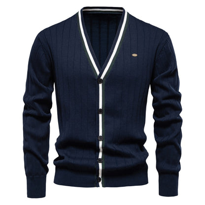 Men’s V-Neck Color-Trim Knit Cardigan – Casual Loose-Fit Buttoned Sweater for Autumn | SW199