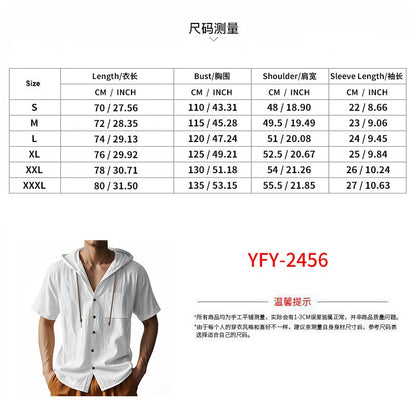 Men’s Linen Hooded Short Sleeve Shirt – Casual Loose Fit | YH-2454