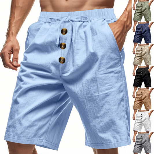Men’s Linen Beach Shorts Washed Button Fly Relaxed Fit Five-Point Shorts | YH-WW9