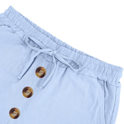 Men’s Linen Beach Shorts Washed Button Fly Relaxed Fit Five-Point Shorts | YH-WW9