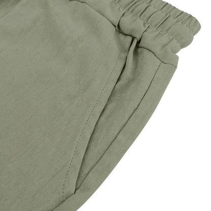 Men’s Linen Beach Shorts Washed Button Fly Relaxed Fit Five-Point Shorts | YH-WW9