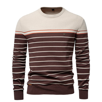 Men’s Striped Patchwork Knit Sweater – Crew Neck Casual Pullover for Autumn/Winter | SW117
