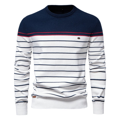 Men’s Striped Patchwork Knit Sweater – Crew Neck Casual Pullover for Autumn/Winter | SW117
