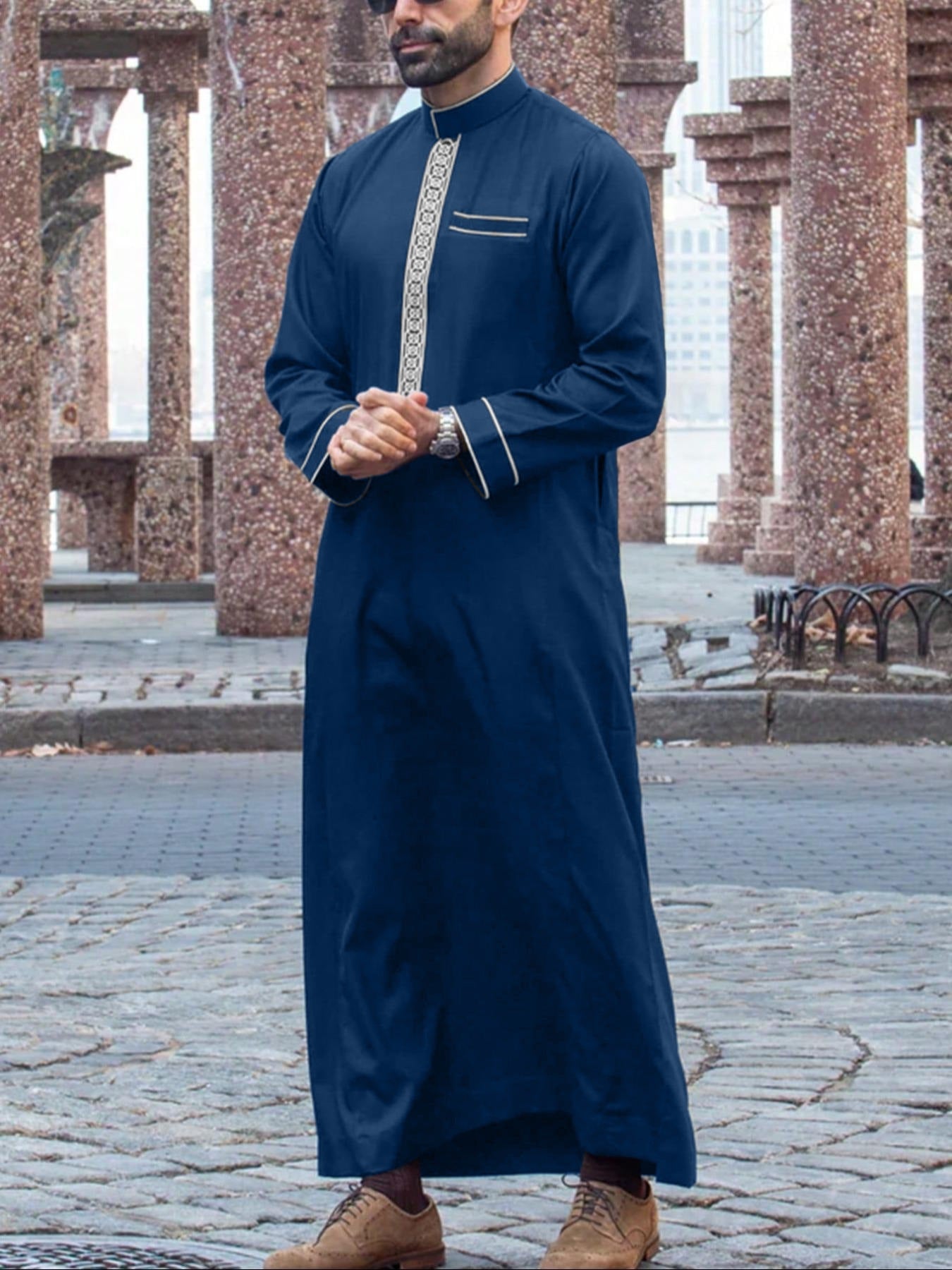 Men's Middle Eastern Long Sleeve Embroidered Dress Casual Ethnic Arab Thobe | 236521