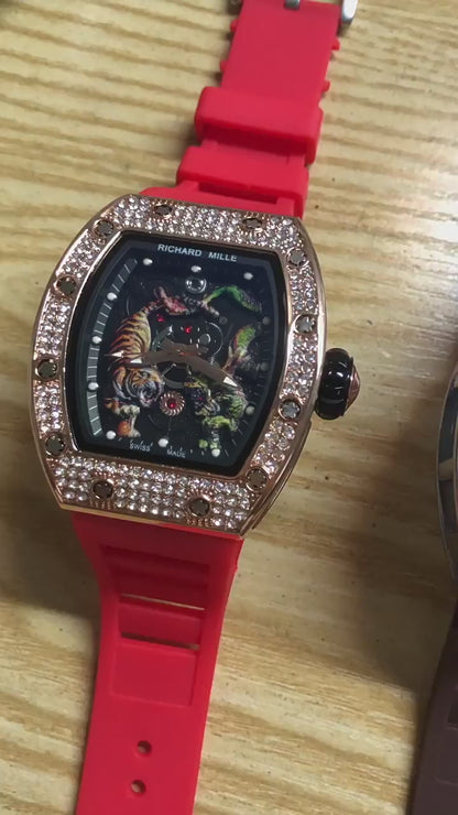 Montre de luxe pour homme RM - Montre automatique en caoutchouc avec motif de dragon et de tigre lumineux | 9924LH 
