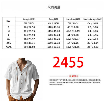 Men's Oversized Linen Shirt – Short-Sleeve Hooded Top | Breathable Amekaji Casual Style | Relaxed Fit Summer Overshirt | Spring 2025 Collection | 2455C