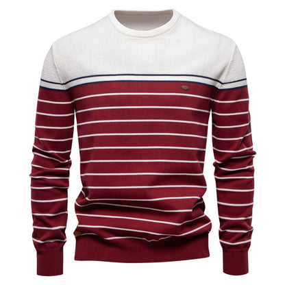 Men’s Striped Patchwork Knit Sweater – Crew Neck Casual Pullover for Autumn/Winter | SW117