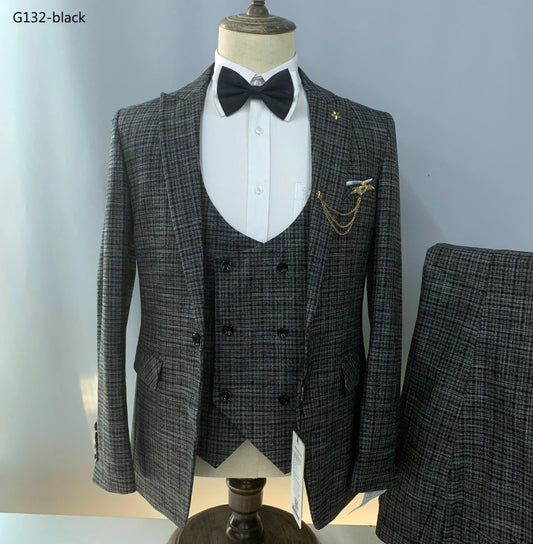 Versatile Plaid Check 3 Pieces Tailored Black Suit | G132