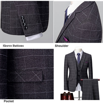 Dark Grey Mens 3 Piece Slim fit Checked Suit Breasted Vintage Suits | 1707