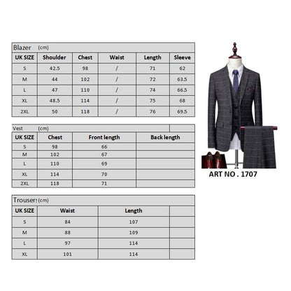 Dark Grey Mens 3 Piece Slim fit Checked Suit Breasted Vintage Suits | 1707