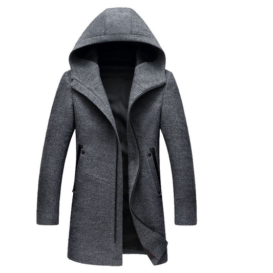 Men's Premium End Wool Blend Trench Coat Zip Closure Hooded Mid Long Overcoat |1812