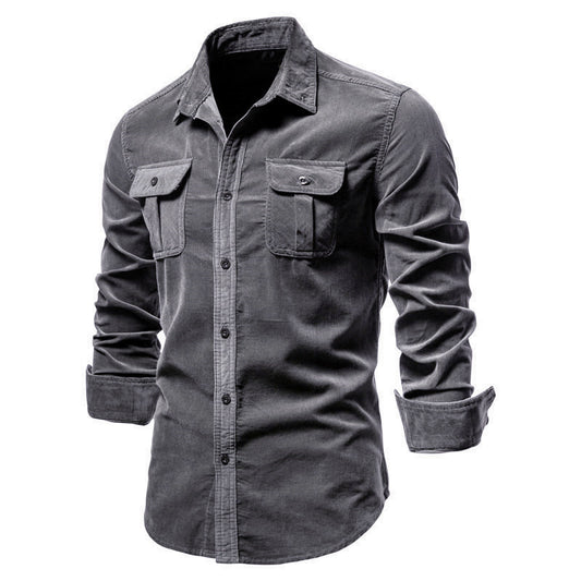 Men's Solid Color Corduroy Long Sleeve Shirt Top with Chest Pocket-19028