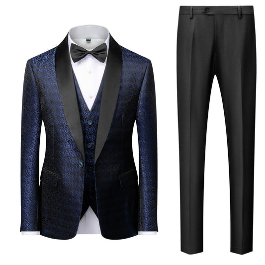 Navy Blue Men's Slim Fit Elegant Jacquard 3 Piece Suit Tuxedo-1953