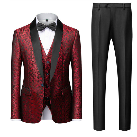 Desinger Men's Wine Red Elegant Jacquard 3 Piece Suit Tuxedo-1953
