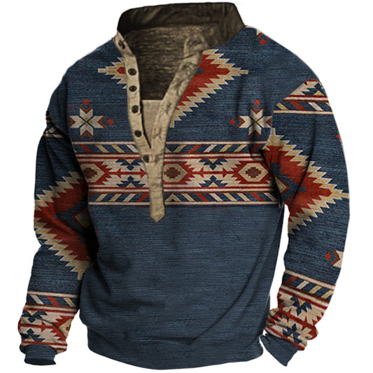 Men's Ethnic Print Henley Collar Button Closure Sweatshirt | YO1S