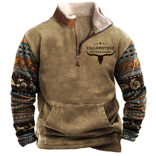 Men's Vintage Western Yellowstone Colorblock Zipper Stand Collar Sweatshirt | 99O9