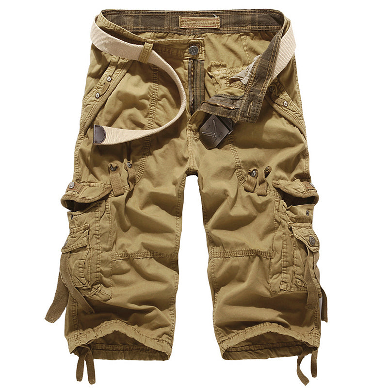 Men's Cotton Cargo Capri Pants - Summer Elastic Waist Below Knee