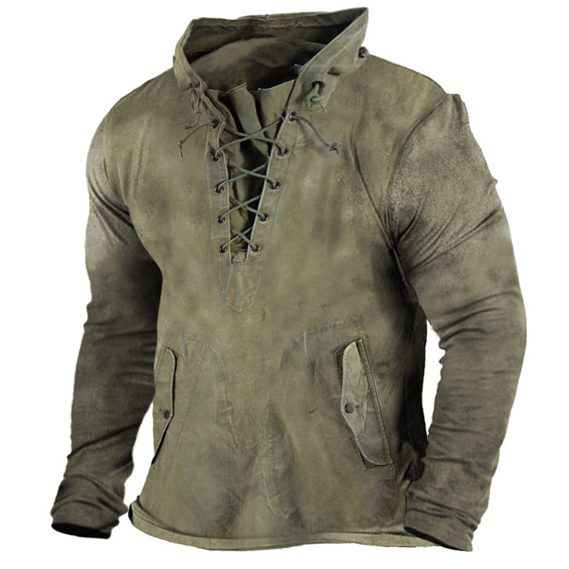 Men's Vintage Outdoor Tactical Lace-Up Hooded T-Shirt | UFY8