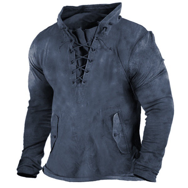 Men's Vintage Outdoor Tactical Lace-Up Hooded T-Shirt | UFY8