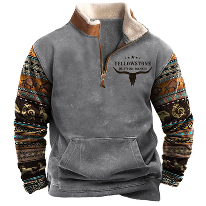 Men's Vintage Western Yellowstone Colorblock Zipper Stand Collar Sweatshirt | 99O9
