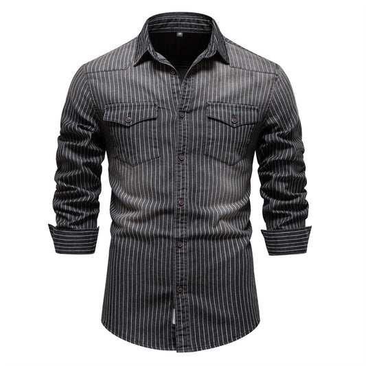 Men's Casual Denim Striped Slim Fit Long Sleeve Shirts | 6015