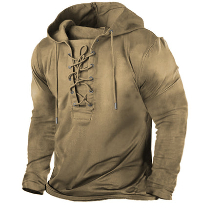 Men's Retro Lace Up Hoodie Sweatshirt Casual Outdoor Tactical Long Sleeves Tops | SHJK