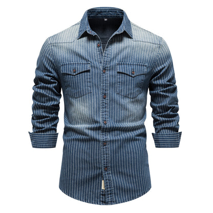 Men's Casual Denim Striped Slim Fit Long Sleeve Shirts | 6015